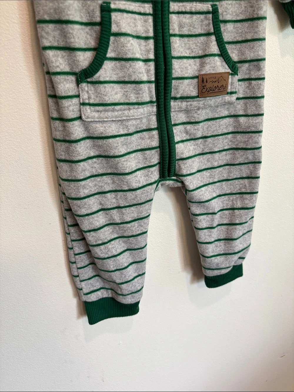 Carter's Gray & Green Striped Zip-Up One-Piece fleece 9 month boy